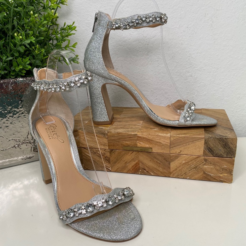Jewel Badgley Mishka Mayra Ankle Strap Evening Shoe Silver Glitter Detail Size 7
